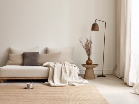 Calm and clean minimalist home interior in beige tones, empty wall template for art poster or artwork placement, contemporary room interiorの素材