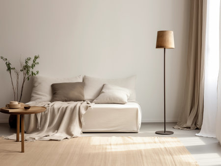 Calm and clean minimalist home interior in beige tones, empty wall template for art poster or artwork placement, contemporary room interiorの素材