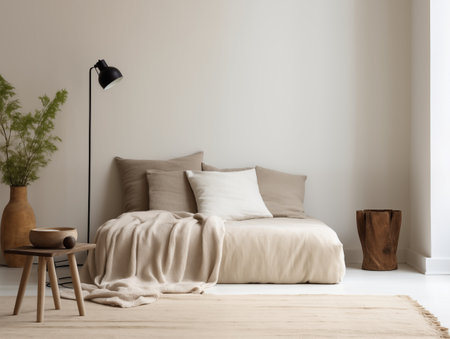 Calm and clean minimalist home interior in beige tones, empty wall template for art poster or artwork placement, contemporary room interiorの素材