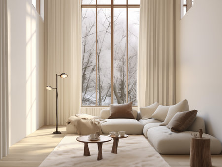 Calm and clean minimalist home interior in beige tones, empty wall template for art poster or artwork placement, contemporary room interiorの素材
