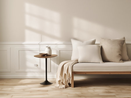 Calm and clean minimalist home interior in beige tones, empty wall template for art poster or artwork placement, contemporary room interiorの素材