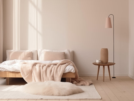 Calm and clean minimalist home interior in beige tones, empty wall template for art poster or artwork placement, contemporary room interiorの素材