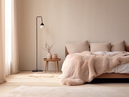 Calm and clean minimalist home interior in beige tones, empty wall template for art poster or artwork placement, contemporary room interiorの素材
