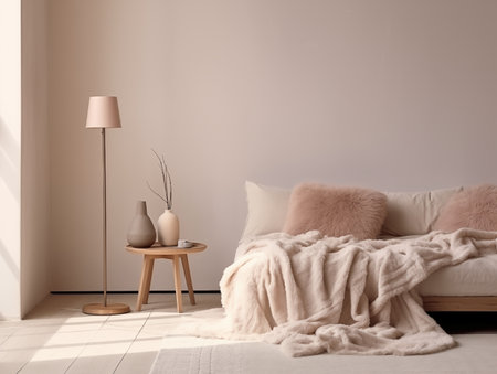 Calm and clean minimalist home interior in beige tones, empty wall template for art poster or artwork placement, contemporary room interiorの素材