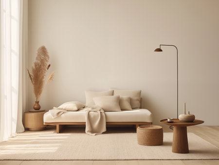 Calm and clean minimalist home interior in beige tones, empty wall template for art poster or artwork placement, contemporary room interiorの素材