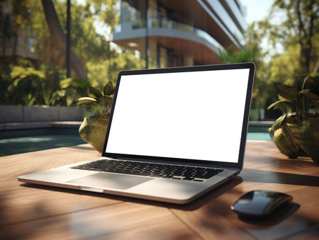 Laptop screen mockup, white isolated empty computer screen, open laptop standing on table with tropical green plantsの素材