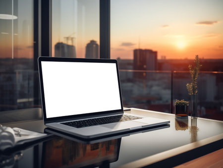 Laptop screen mockup, white isolated empty computer screen, open laptop standing on table in afternoon lightの素材