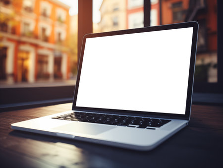 Laptop screen mockup, white isolated empty computer screen, open laptop standing on tableの素材