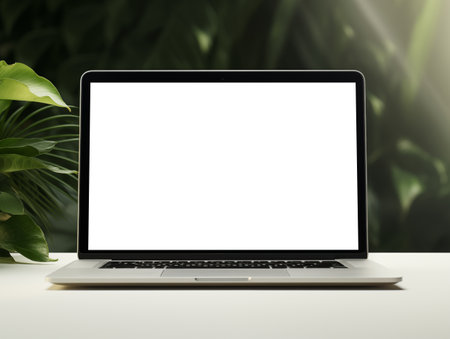 Laptop screen mockup, white isolated empty computer screen, open laptop standing on table with tropical green plantsの素材