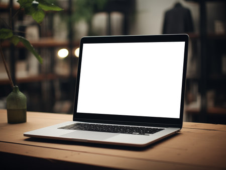 Laptop screen mockup, white isolated empty computer screen, open laptop standing on tableの素材