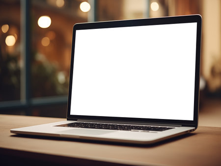 Laptop screen mockup, white isolated empty computer screen, open laptop standing on tableの素材