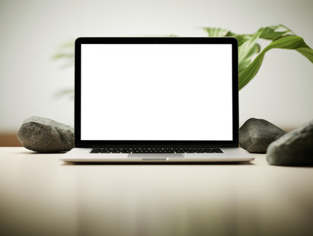 Laptop screen mockup, white isolated empty computer screen, open laptop standing on tableの素材