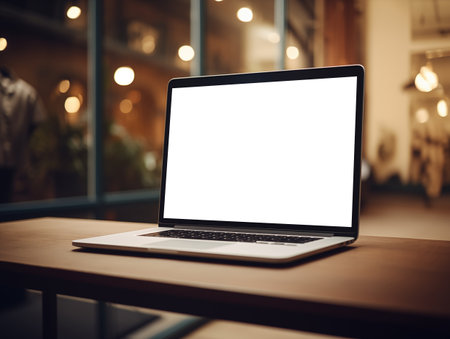 Laptop screen mockup, white isolated empty computer screen, open laptop standing on tableの素材