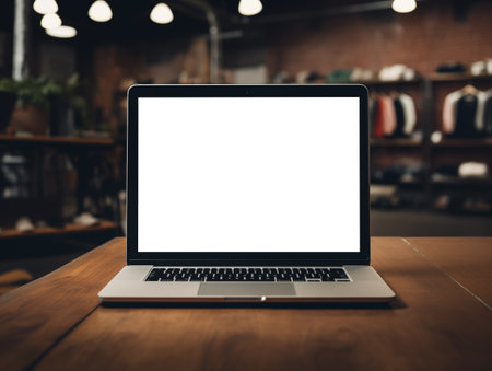 Laptop screen mockup, white isolated empty computer screen, open laptop standing on tableの素材