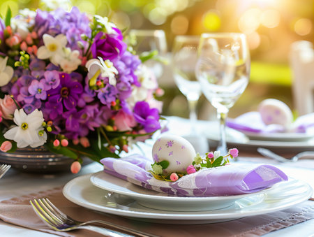Easter table setting, springtime party table decor with flowers, eggs and beautiful details, spring festive home party decorationsの素材