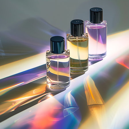 Vibrant perfume bottles arranged on a holographic surface, adding to their beauty and allureの素材