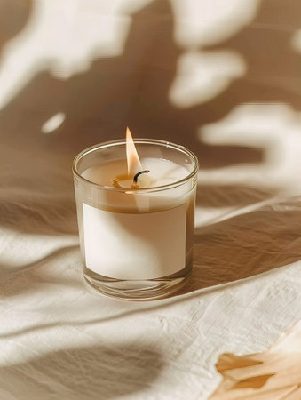 Candle mockup, A Serene and Beautiful Burning Candle with Soft, Gentle Shadows Enhancing the Ambianceの素材