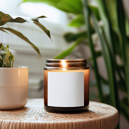 Candle jar mockup, burning candle mockup with white label, scented candle template in cozy home interiorの素材