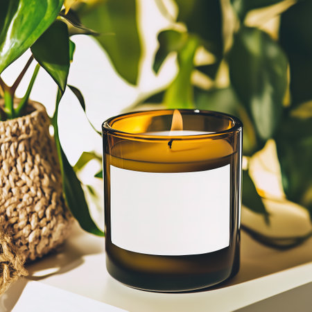 Amber glass candle jar mockup, cylindrical amber candle with blank label, candle burning, cozy sunny bright home interior decorの素材