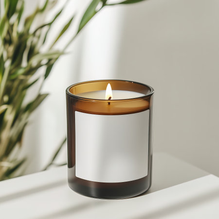 Amber glass candle jar mockup, cylindrical amber candle with blank label, candle burning, cozy sunny bright home interior decorの素材