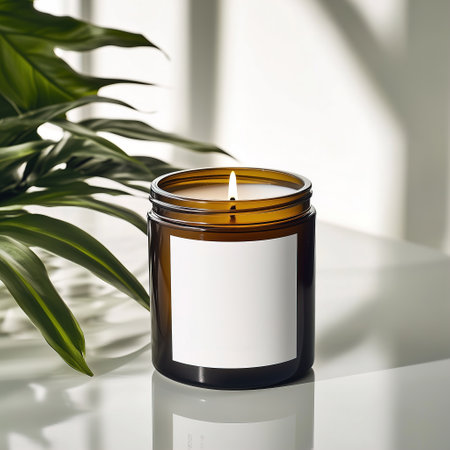 Amber glass candle jar mockup, cylindrical amber candle with blank label, candle burning, cozy sunny bright home interior decorの素材