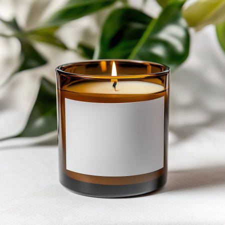 Amber glass candle jar mockup, cylindrical amber candle with blank label, candle burning, cozy sunny bright home interior decorの素材