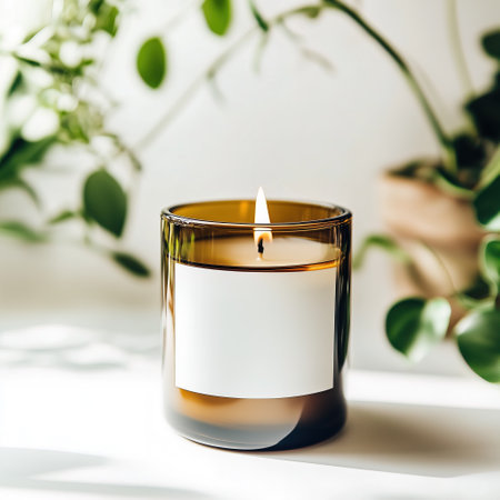 Amber glass candle jar mockup, cylindrical amber candle with blank label, candle burning, cozy sunny bright home interior decorの素材