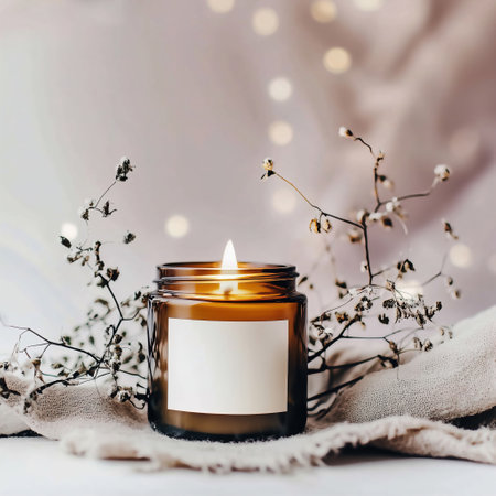 Boho amber glass jar candle mockup, white blank label design preview, beige and brown bohemian home interior with dried flowers and linenの素材