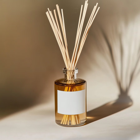 A decorative bottle containing a reed diffuser along with sticks inside it. Diffuser white blank label mockupの素材