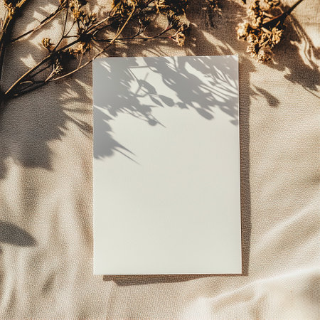 Boho styled blank white paper invitation card mockup, stationery template, natural organic beige decor with dried plants and flowers, real sunlight and soft shadowsの素材