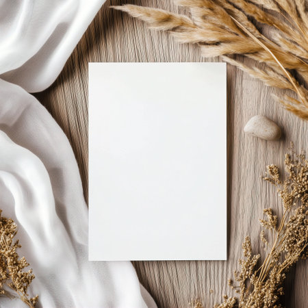 Boho styled blank white paper invitation card mockup, stationery template, natural organic beige decor with dried plants and flowers, real sunlight and soft shadowsの素材