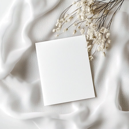 Boho styled blank white paper invitation card mockup, stationery template, natural organic beige decor with dried plants and flowers, real sunlight and soft shadowsの素材