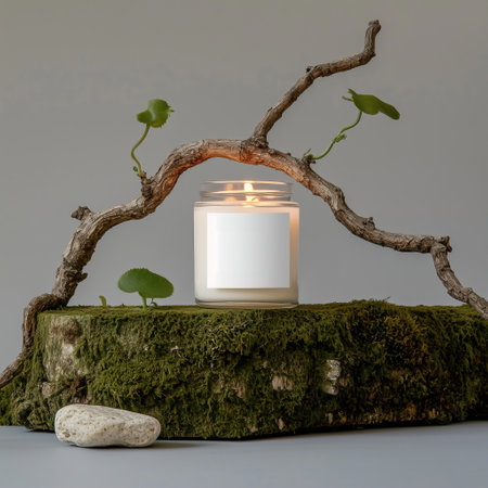 Clear glass jar candle mockup, scented candle jar with blank white label, styled interior candle design templateの素材