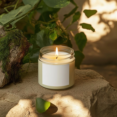 Clear glass jar candle mockup, scented candle jar with blank white label, styled interior candle design templateの素材