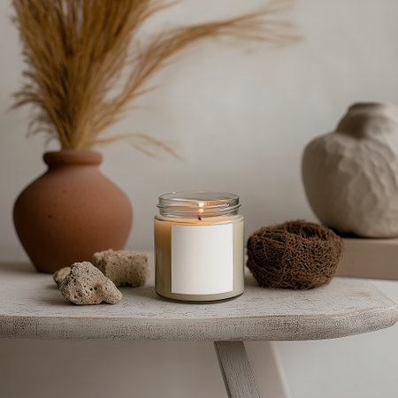 Clear glass jar candle mockup, scented candle jar with blank white label, styled interior candle design templateの素材