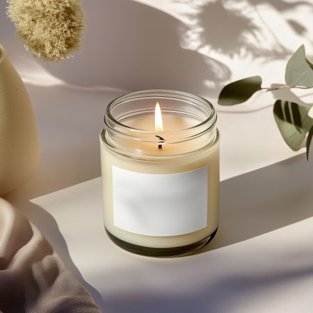 Clear glass jar candle mockup, scented candle jar with blank white label, styled interior candle design templateの素材