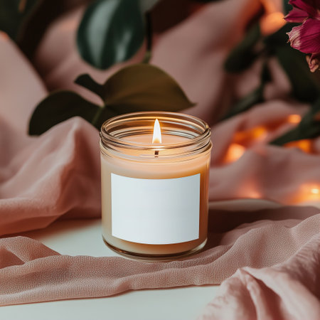 Clear glass jar candle mockup, scented candle jar with blank white label, styled interior candle design templateの素材