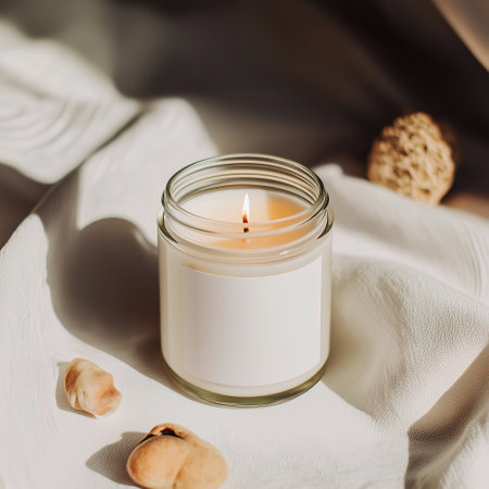 Clear glass jar candle mockup, scented candle jar with blank white label, styled interior candle design templateの素材