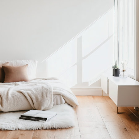 A Cozy Minimalist Bedroom is designed to harness Natural Light creating a warm atmosphere. Blank white empty wall mockupの素材