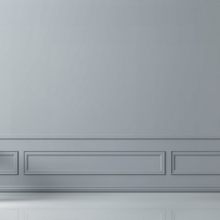 Blank white painted wall with elegant classic paneling, realistic empty home apartment interior, wall mockup for wallpaper or artwork placementの素材