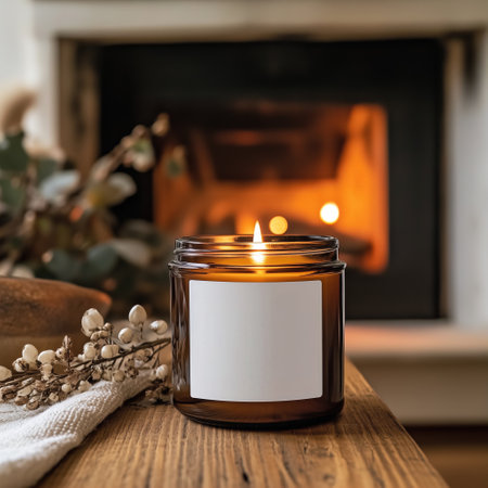 Amber glass candle in country house home interior, candle jar label mockup, cozy lifestyle candle branding templateの素材