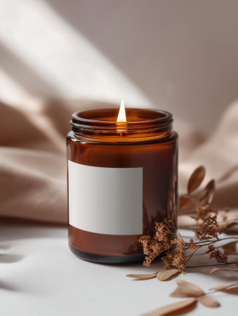 Amber jar candle mockup decorated with flowers and plants, creative design preview template for candle branding, organic scented candle with decorの素材