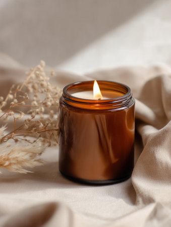 Amber jar candle mockup decorated with flowers and plants, creative design preview template for candle branding, organic scented candle with decorの素材