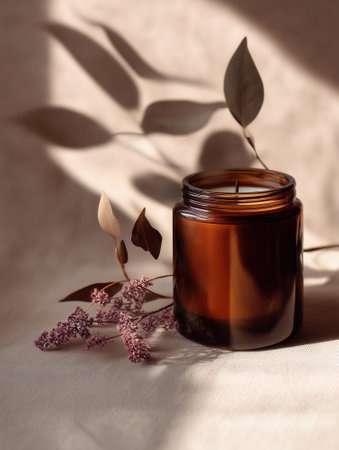 Amber jar candle mockup decorated with flowers and plants, creative design preview template for candle branding, organic scented candle with decorの素材