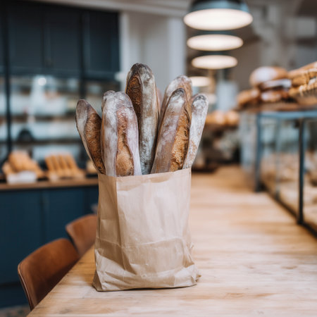 Brown paper bag mockup, food packaging template, new blank paper bag standing on table in craft city bakeryの素材
