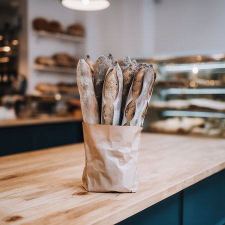 Brown paper bag mockup, food packaging template, new blank paper bag standing on table in craft city bakeryの素材