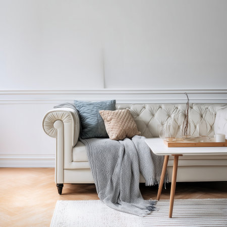 Elegant European living room with cozy sofa, throw pillows and minimalist decor, blank white wall with highlightsの素材