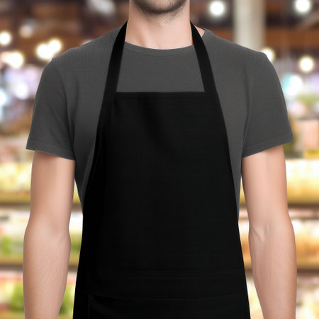 Black apron mockup, young male model wearing a cafe restaurant uniform, catering business brandingの素材