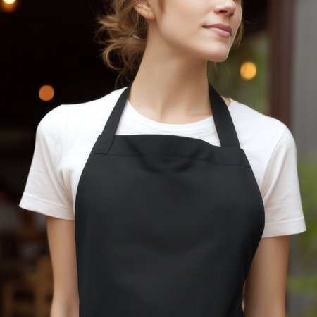 Black apron mockup, young female model wearing a cafe restaurant uniform, catering business brandingの素材