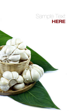 garlic in rattan basket over white background with sample textの写真素材